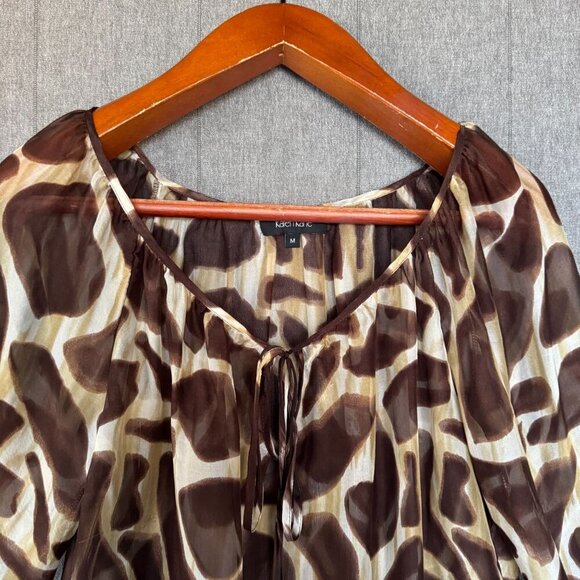 90s Vintage Karen Kane 100% Silk Brown Giraffe Print Ballon Sleeve Blouse Size M - Picture 4 of 12